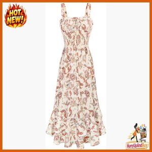 Floral Boho Maxi Dress Square Neck Strapped Swing A-Line Sundress Beach